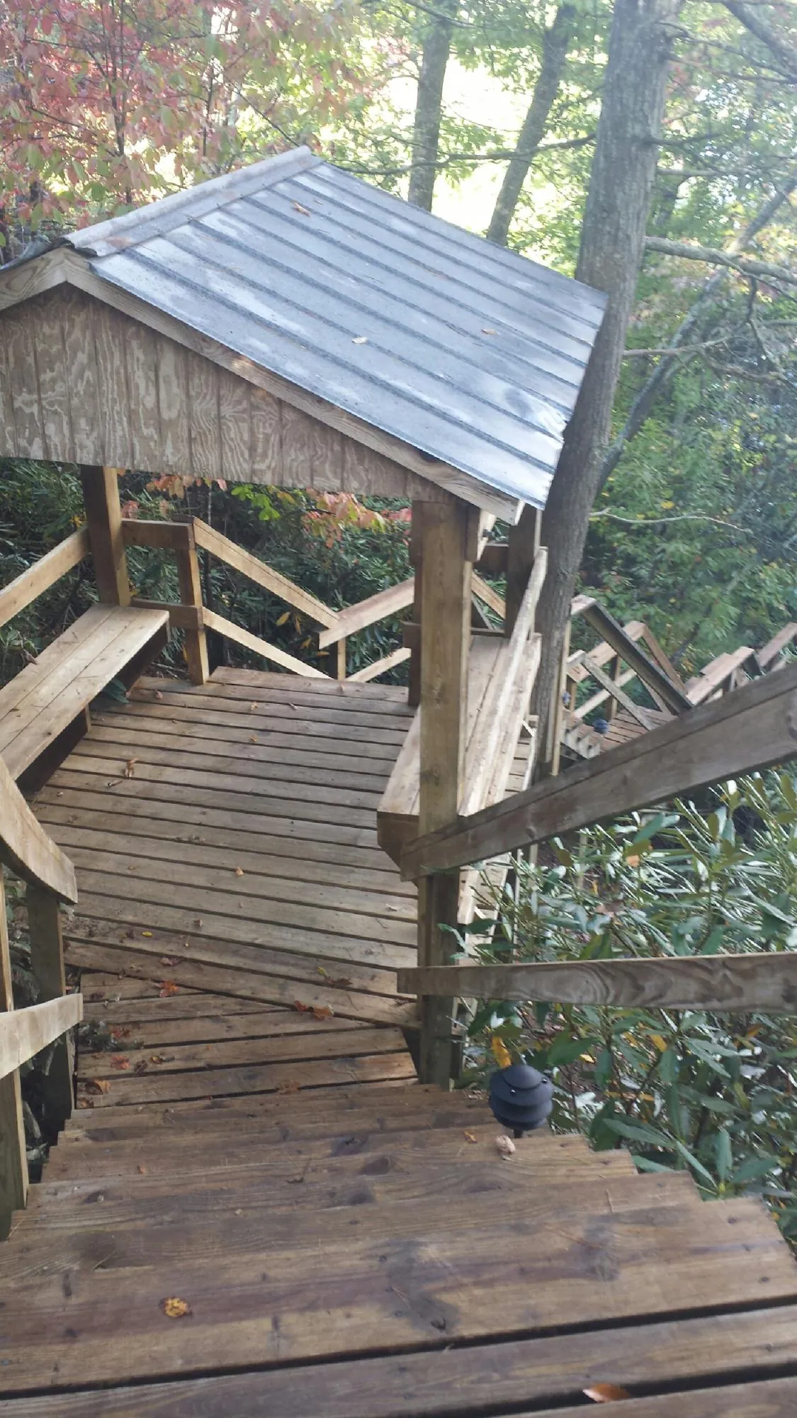 Metal roofed shelter over wooden steps on a wooded walkway — Skylight Repair & Installation work by our crew in Lilesville